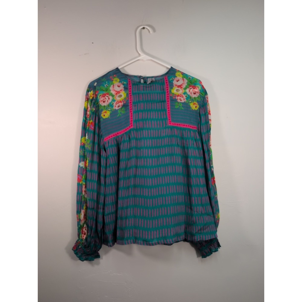 Blank London Anthropologie Eclectic Miranda Top S Teal Floral Peasant Blouse